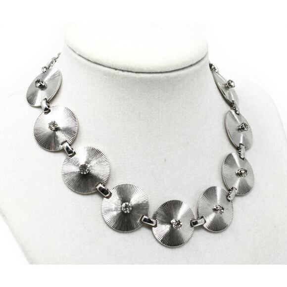Vintage Choker Necklace Silver Sparkle Metal Discs w Rhinestones 14" - Hey Viv - Picture 4 of 5